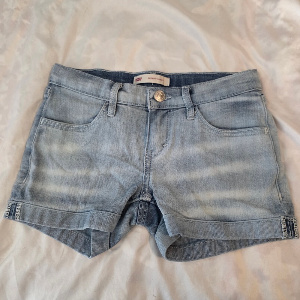 Levis Girls Shorty Short Kids Size 10 Light Wash Denim Cuffed Flap Pocket